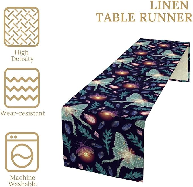 Moth Table Runner, Retro Boho Aesthetic Blue Moth Magic Table Runner - Image 4