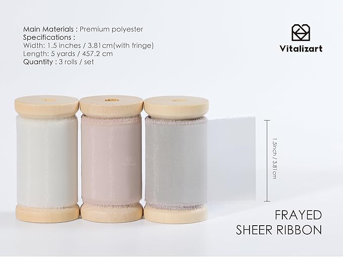 Vitalizart Organza Ribbon Frayed Sheer Organza White Pink Grey Set 1.5" Silk - Image 2