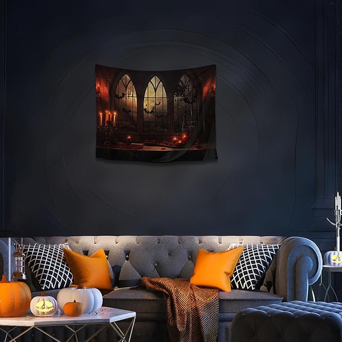QGHOT Halloween Tapestry Wall Hanging Horror Castle Window Tapestry Gothic - Image 3