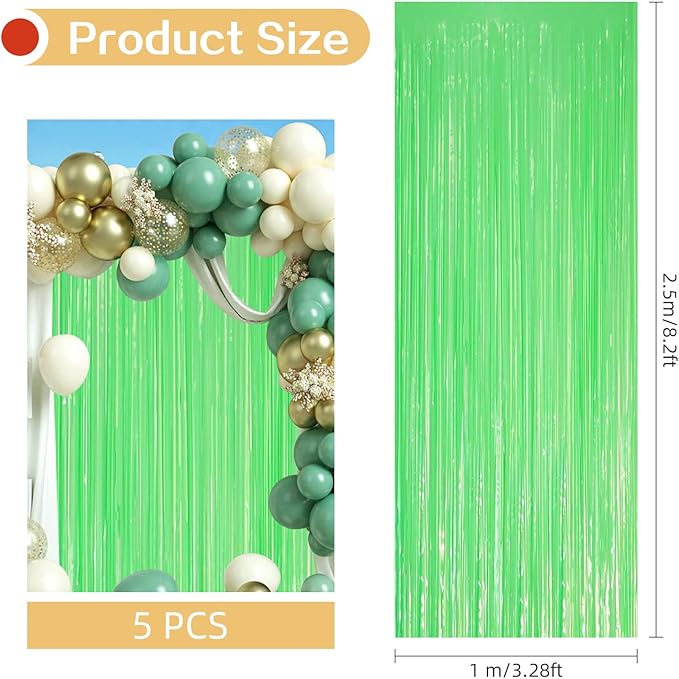 5 Pack Green Foil Curtain Backdrop 3.2ft x 8.2ft Tinsel Foil Fringe Curtains - Image 3