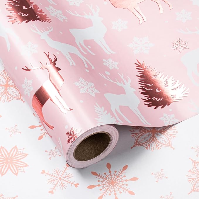 LeZakaa Christmas Pink Wrapping Paper Jumbo Roll, Reindeer & Snowflake by LeZakaa