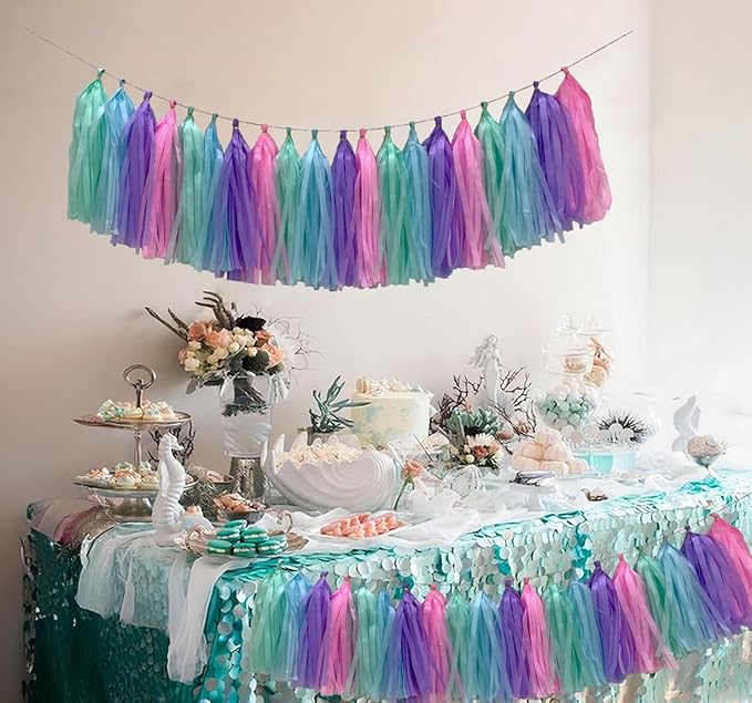 Blue Purple Mint Green Pink Tissue Paper Tassel Garland, Tissue Tassel Banner - Image 4