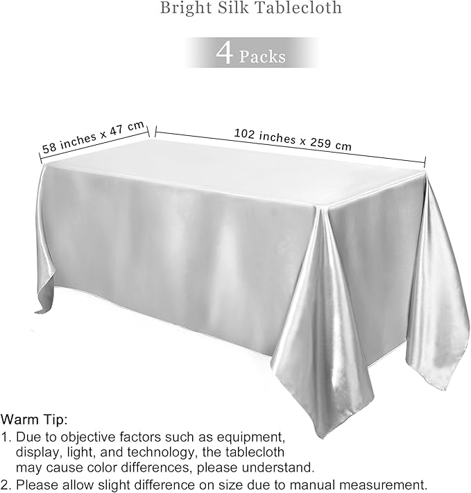 TURSTIN 4 Packs Silver Satin Tablecloth 102 x 58 Inch Overlay Satin Table Cover - Image 2