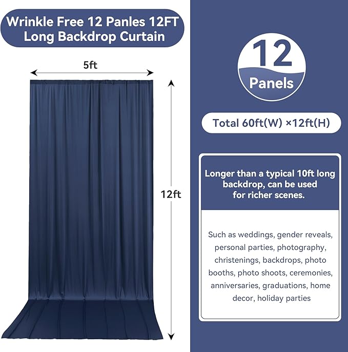 60ftx12ft Wrinkle Free Navy Blue Backdrop Curtain, 12 Panels 12FT Height Navy - Image 5