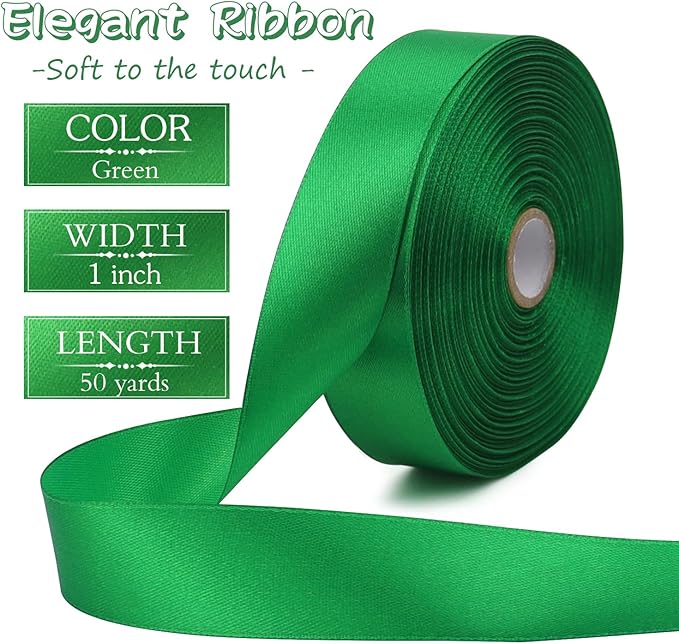 Green Solid Satin Ribbon 1 Inch 50 Yards Solid Polyester Fabric Ribbon - Image 2