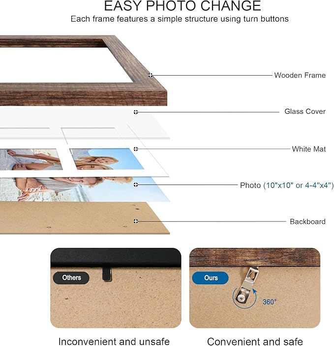 10x10 Picture Frame Set of 2, Real Glass and Rustic Brown Collage Frame - Image 3