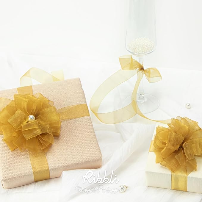 Ribbli Pale Gold Organza Ribbon, 1 Inches x Continuous 50 Yard, Pale Gold Sheer - Image 3