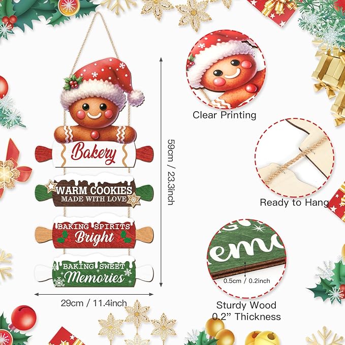 CHDITB Wooden Gingerbread Bakery Christmas Door Hanger, Rustic Christmas Wall - Image 2