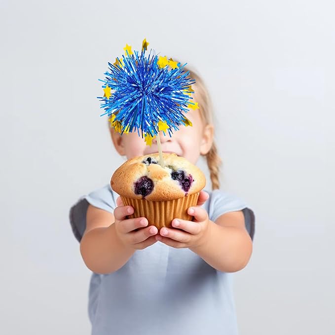 Ephlyn 30Pcs Foil Firework Cupcake Toppers Firework Cake Toppers Tinsel Flower - Image 7