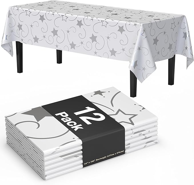 Exquisite Silver Star Tablecloth Plastic 12-Pack Disposable Rectangle by Exquisite