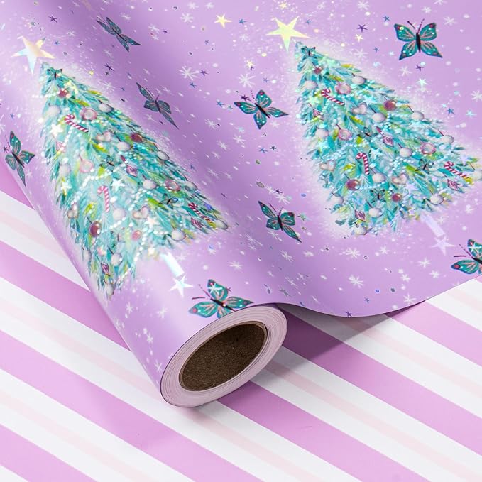 LeZakaa Christmas Purple Wrapping Paper Mini Roll, Christmas Tree Butterfly by LeZakaa