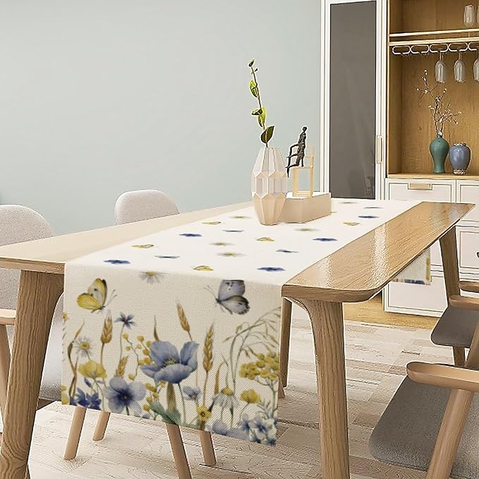 Floral Table Runner, Spring Watercolor Flower Plants Nature Butterfly Table - Image 7