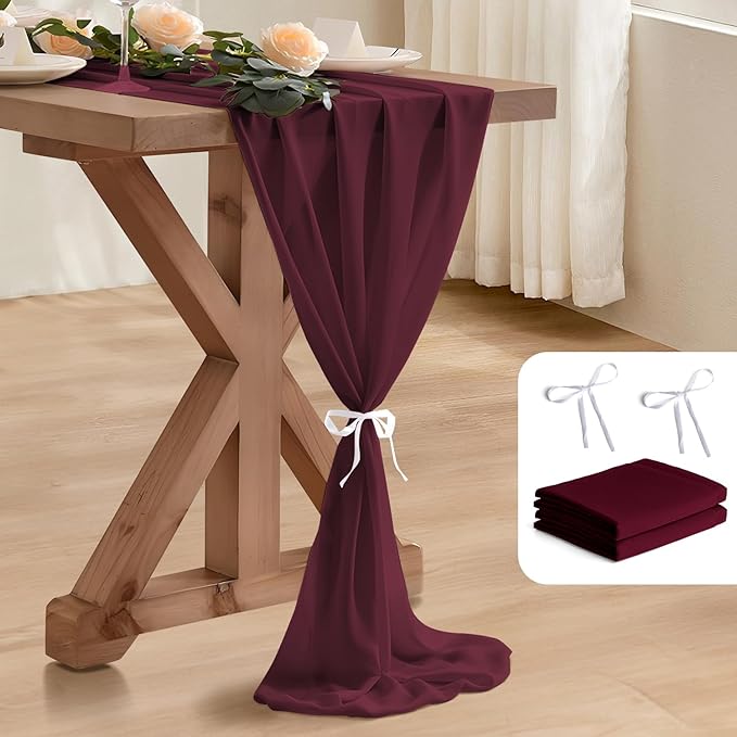 2 Pack 10 Ft Chiffon Table Runner Burgundy Gauze Long Table Runners 27x120 by BEELIFY