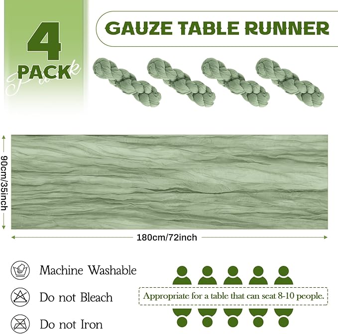 Aktor 4 Pack Sage Green Table Runner Boho Cheesecloth Table Runner Semi Sheer - Image 2