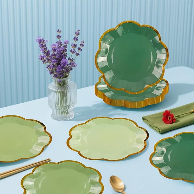 48Pcs Sage Green Scalloped Party Plates - Image 4