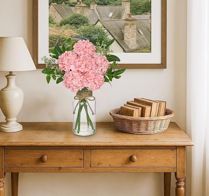 Hollyone Pink Hydrangea Artificial Flowers in Clear Glass Vase - Image 5