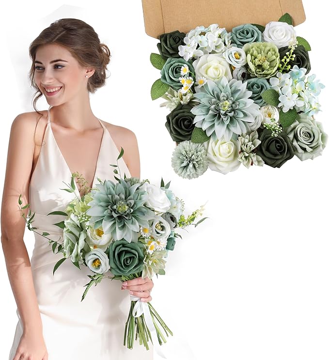 AmyHomie Forest Sage Green White Artificial Flowers Combo Silk Rose Fake - Image 8
