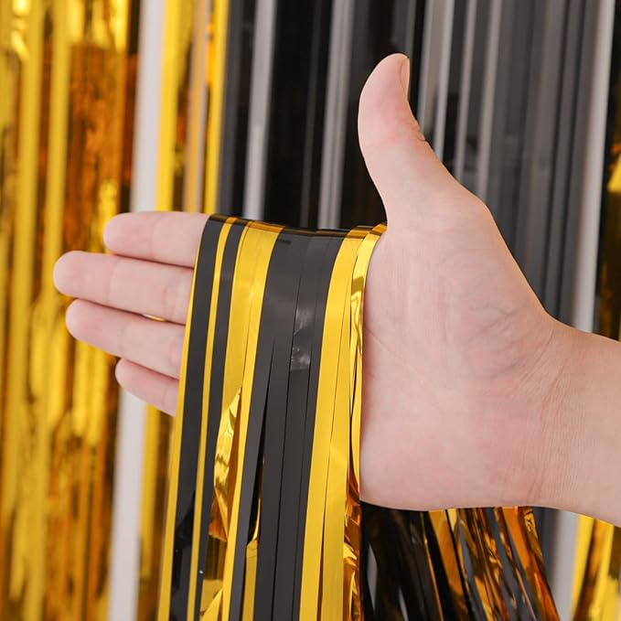 2 Pack Black and Gold Tinsel Foil Fringe Curtains, Metallic Tinsel Party - Image 2
