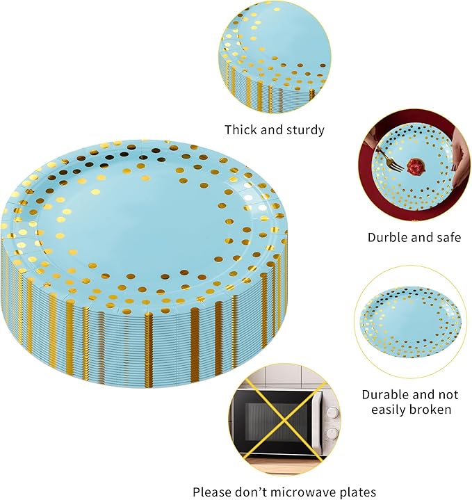 Sveikie160 Pcs blue And Gold Paper Plates, Birthday Cake Party Plates And - Image 3