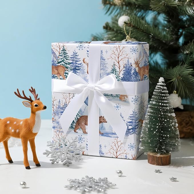 LeZakaa Christmas Wrapping Paper Roll, Winter Forest Animal Gift Wrap - Image 2
