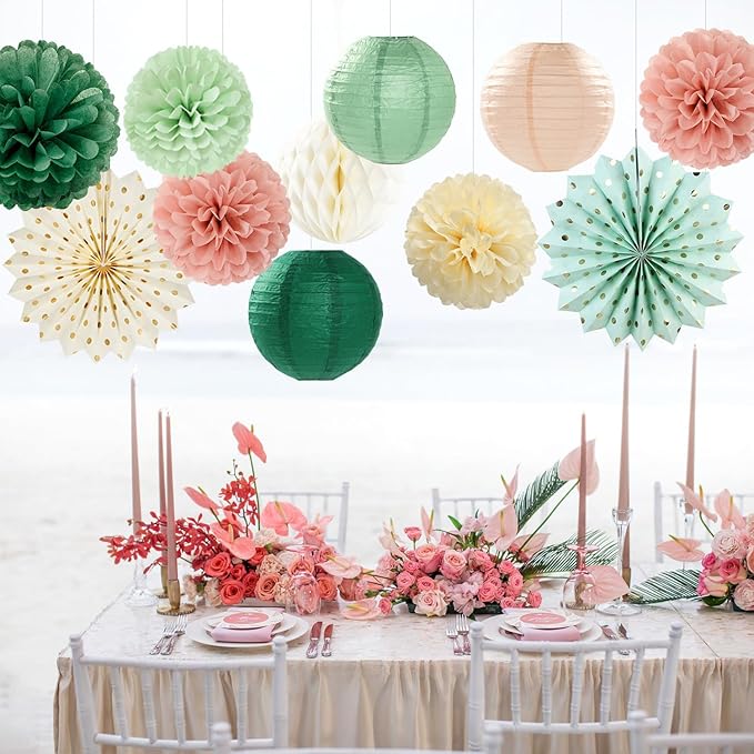 Sage-Green Pink Party-Decorations Paper-Flowers Lanterns - Image 6