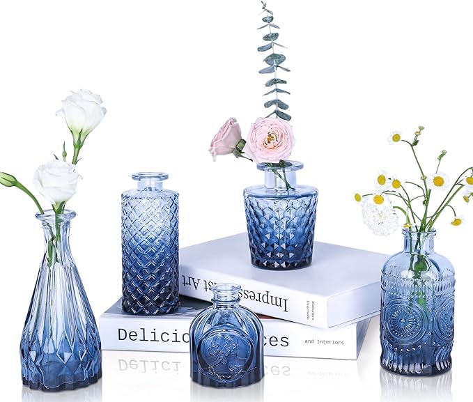 Navy Blue Glass Bud Vases Set of 5, Mini Flower Vase by UPBUD