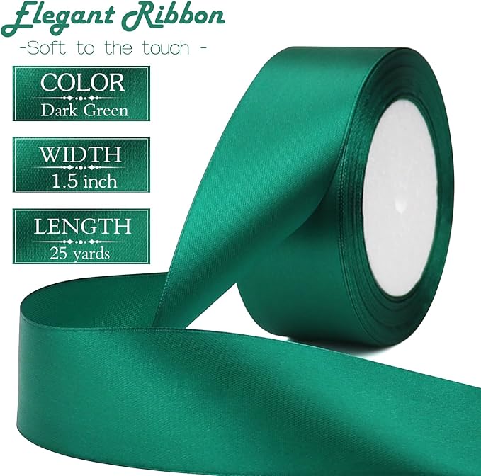 Dark Green Solid Satin Ribbon 1-1/2 Inch 25 Yards Solid Polyester Fabric Ribbon - Image 2
