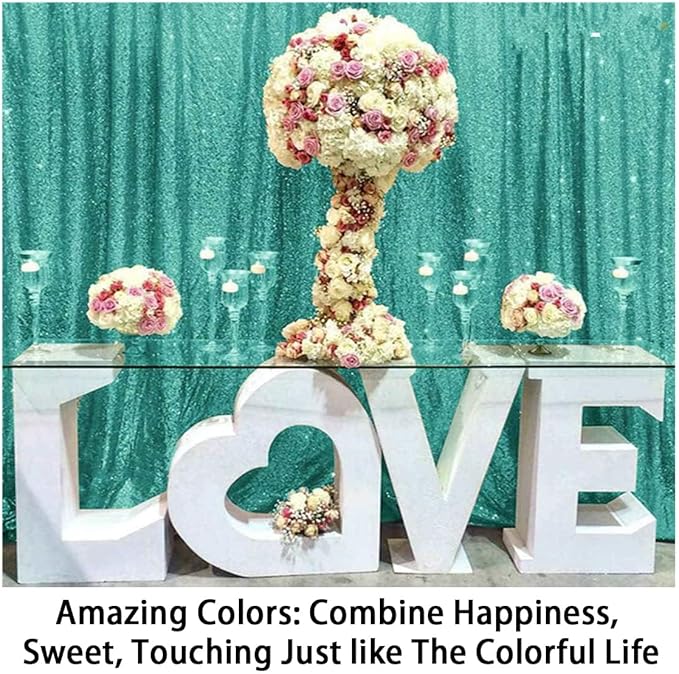 ShinyBeauty Sequin Backdrop 4x10ft Teal Sequin Curtains 2 Panels Wedding Drapes - Image 3