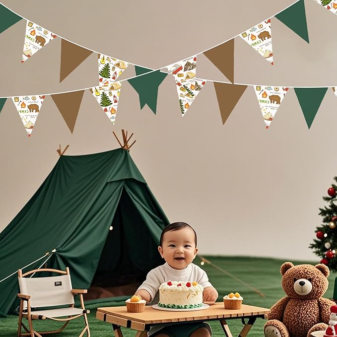 32Ft Camping Party Decorations Green Brown Camper Triangle Flag Fabric Banner - Image 4