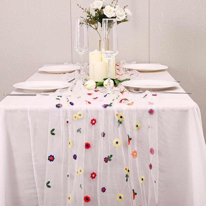 Lvory Floral Table Runner 10 FT, Embroidery Daisy Table Runners Seasonal Sheer - Image 4