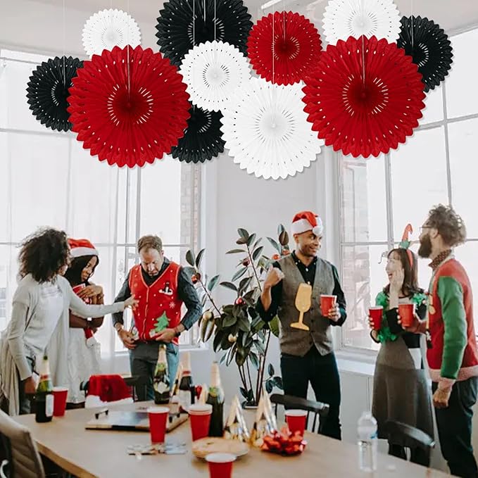 18 Pcs Red White Black Hanging Paper Fan, Hanging Honeycomb Round Paper Fans - Image 6
