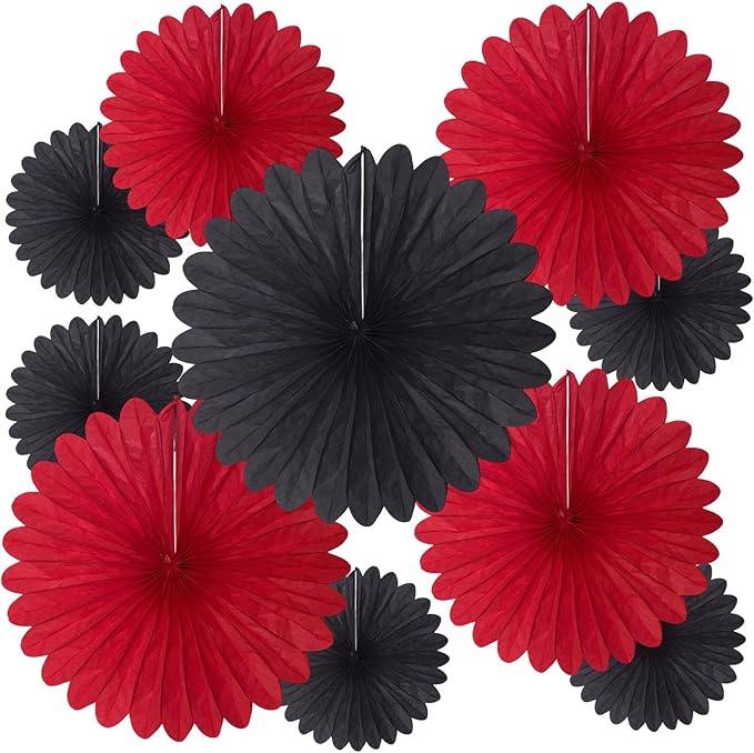 20 Pcs Black Red Hanging Paper Fan, Round Paper Fans Decorations Set by Tisspoms
