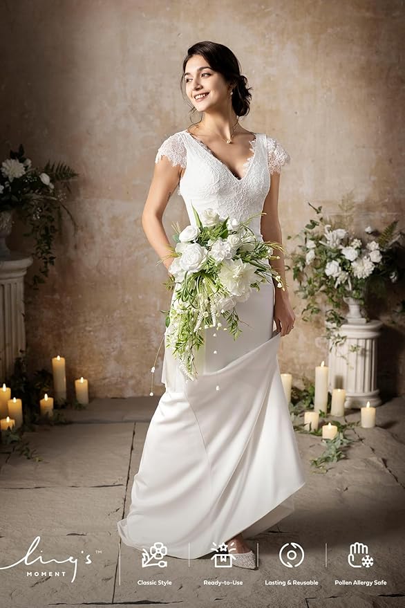 Ling's moment White Green Bridal Bouquet - Image 7