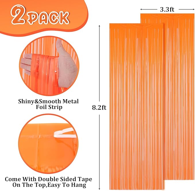 2 Pack Orange Foil Fringe Backdrop Curtains, Tinsel Streamers Birthday Party - Image 3