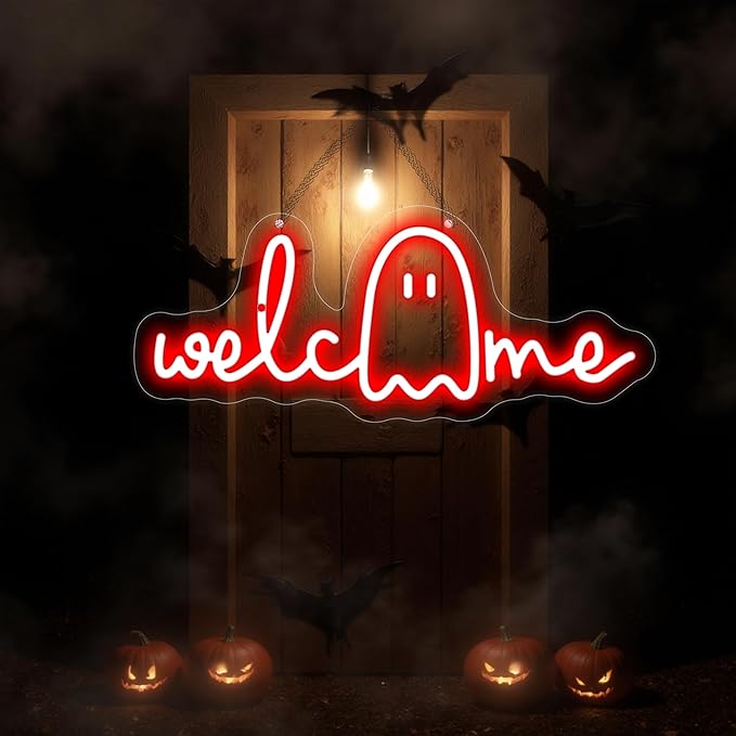 Halloween Welcome Ghouls Neon Sign, Spooky Ghost LED Halloween Decor, Haunted by Mingxigo