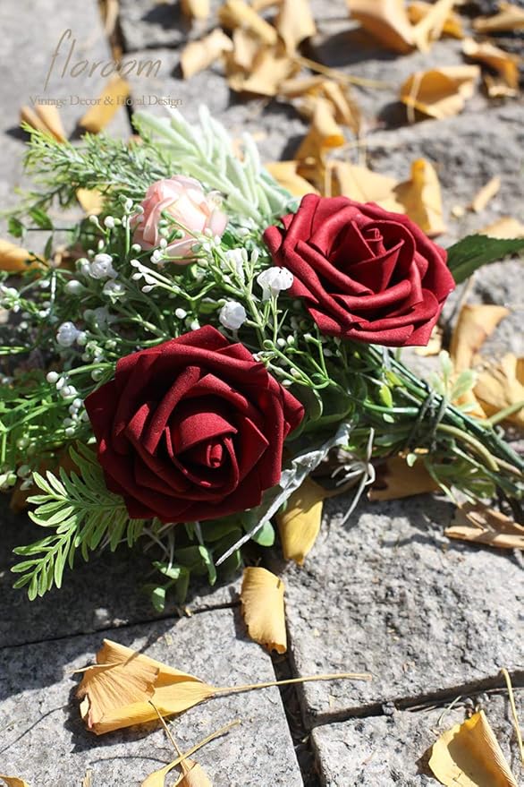 Floroom Artificial Flowers 25pcs Real Looking Burgundy Foam Fake Roses - Image 6