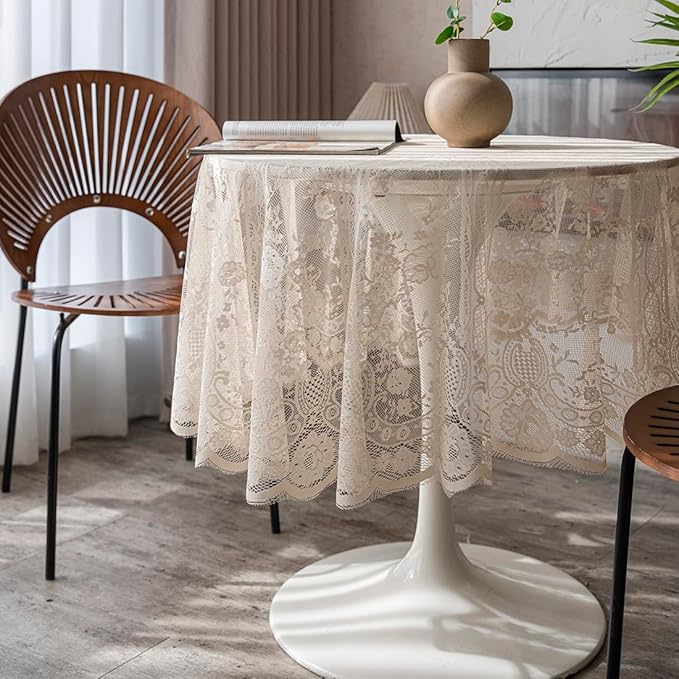 Vintage 60 inch Beige Lace Tablecloth Floral Embroidered Boho Shabby Chic Small - Image 2