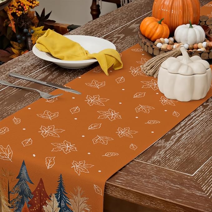 GEEORY Fall Watercolor Tree & Maple Leaves Table Runner 13x36 Inch, Rustic - Image 4