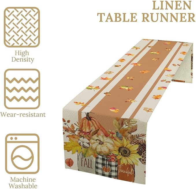 Autumn Table Runner, Thanksgiving Fall Pumpkin Leaves Floral Table Cloth - Image 4