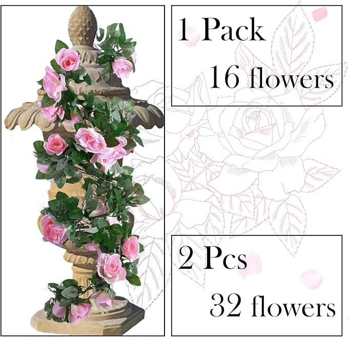 2 Pack Artificial Rose Vine Garland Fake Roses Flowers Plants Vines Hanging - Image 7