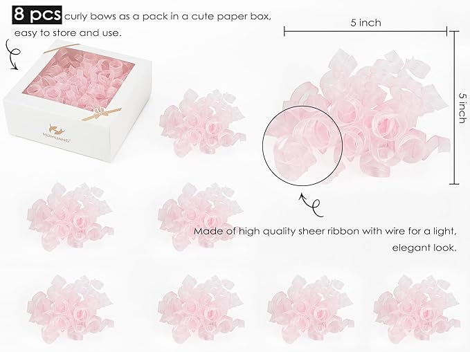 HUIHUANG Pink Bows for Gift Wrapping Pink Curly Gift Bows 5 inch x 8 Counts - Image 2