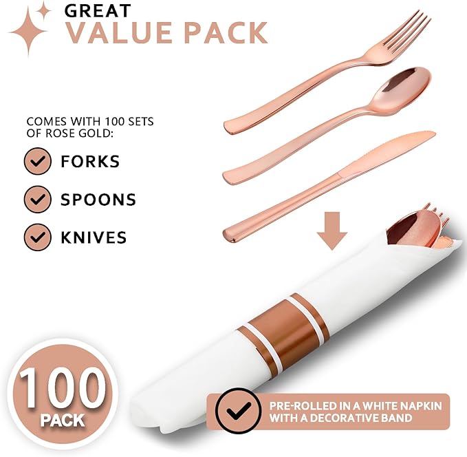 400PCS Pre Rolled Rose Gold Plastic Silverware Sets - Image 3