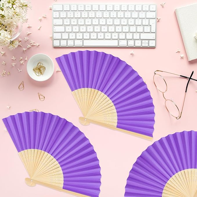 12 Pieces Purple Hand Held Bamboo Folding Fans Paper Fans Handheld - Image 6
