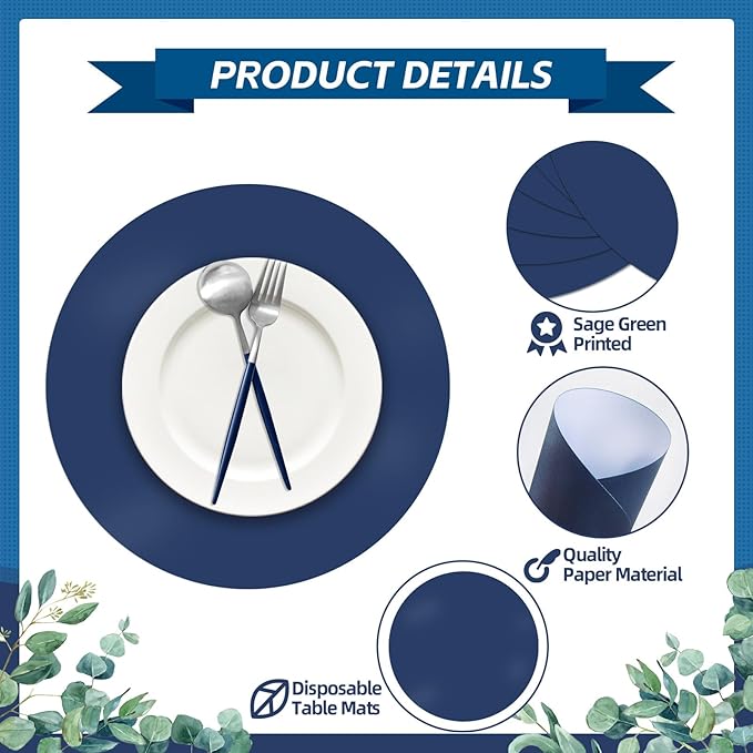 50 Pieces Navy Blue Paper Place Mats Blue Round Disposable Table Mats - Image 4