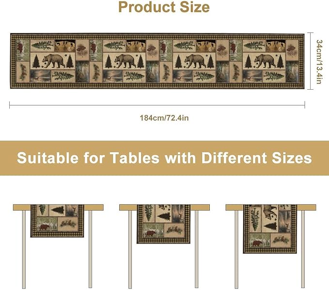 Country Lodge Bear Table Runner, Retro Vintage Bear Cottage Country Style Cabin - Image 3