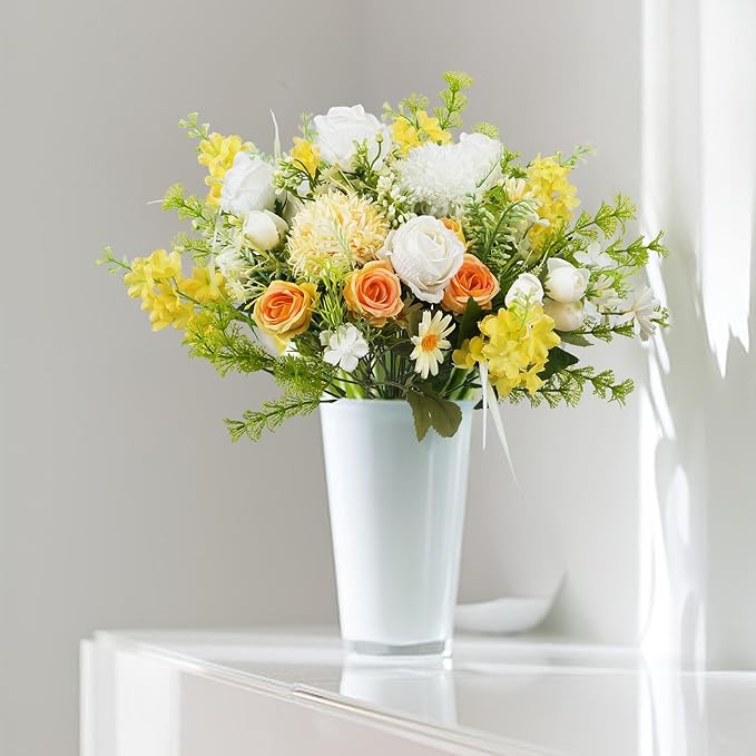 8Pcs Fake Flower Bouquet Artificial Silk Flowers White Yellow Rose Faux Floral - Image 4
