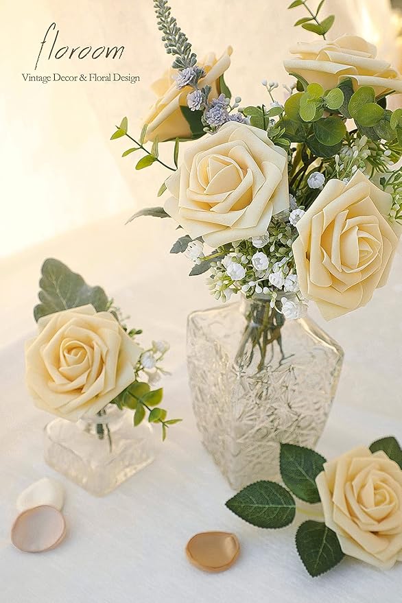 Floroom Artificial Flowers 25pcs Real Looking Creamy Yellow Foam Fake Roses - Image 3