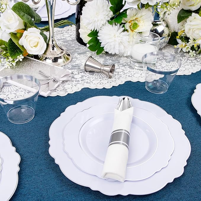 Liacere 350PCS Silver Plastic Plates-Disposable White and Silver Plates 50guest - Image 4