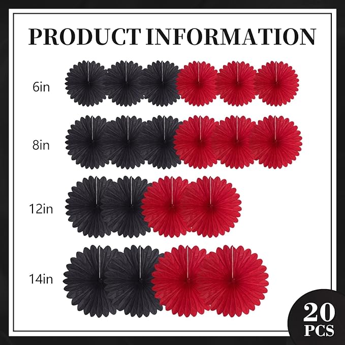 20 Pcs Black Red Hanging Paper Fan, Hanging Honeycomb Round Paper Fans - Image 2