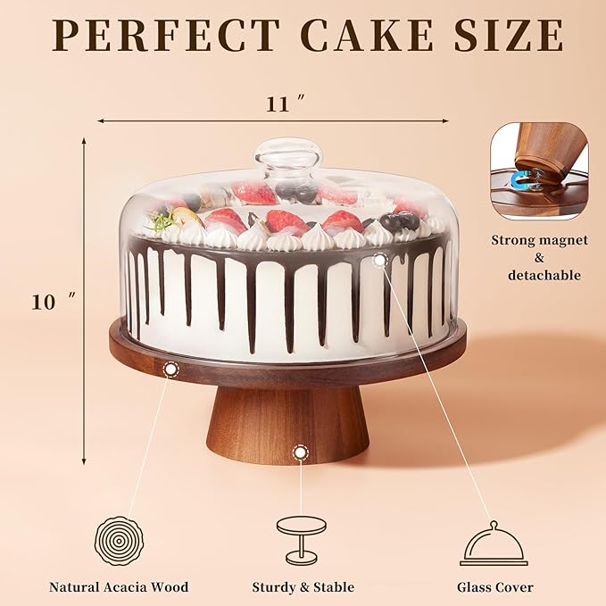 Wooden Cake Stand with Lid, Acacia Cake Stand with Glass Dome, 11-Inch - Image 2